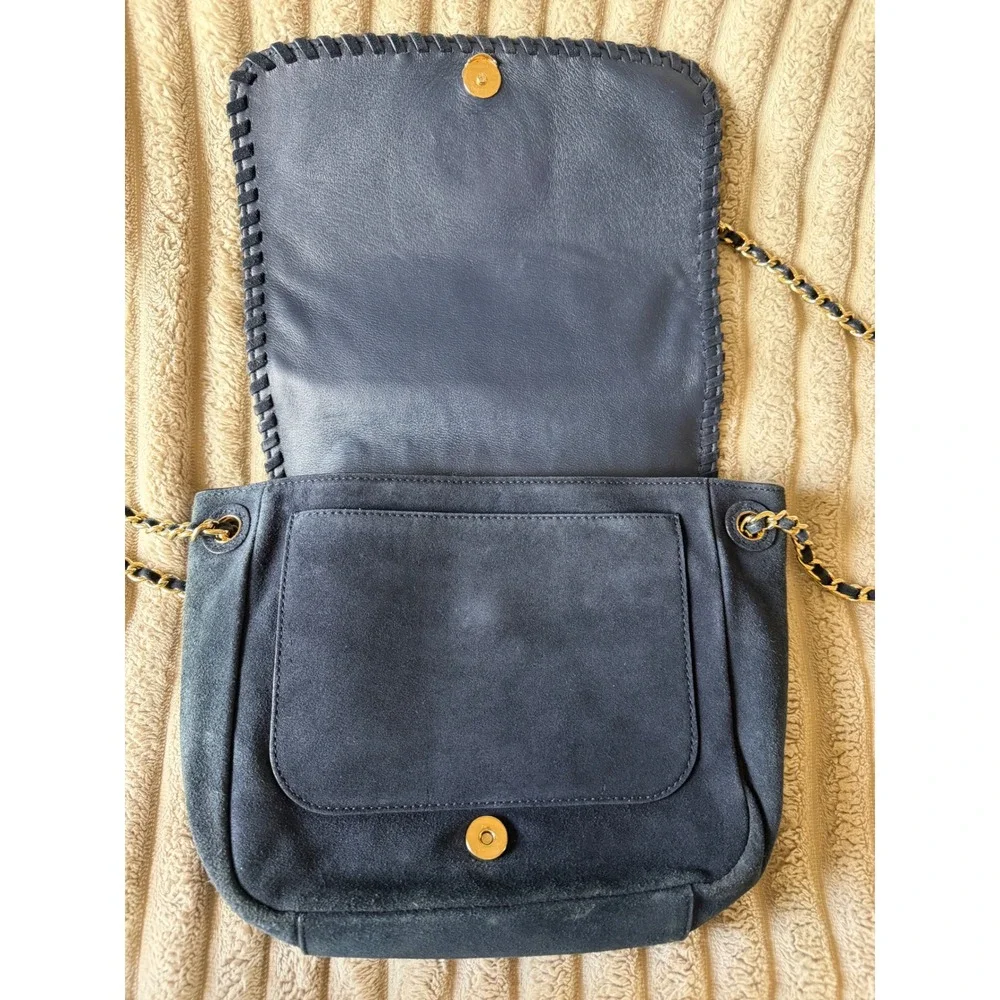 Tory Burch Marion Navy Blue Suede Whipstitch Chain Crossbody Bag